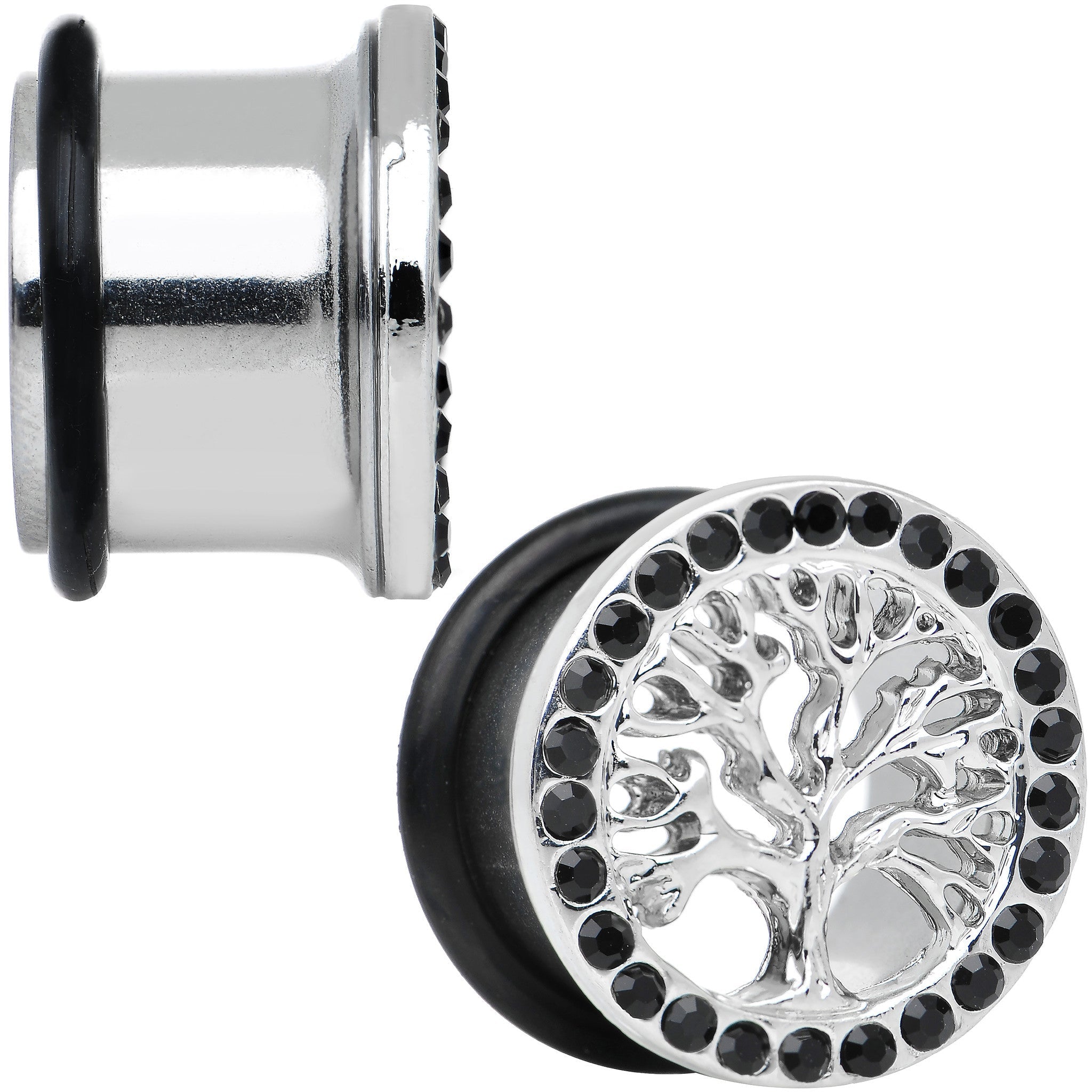 9/16 Black Gem Stainless Steel Single Flare Tree of Life Plug Set
