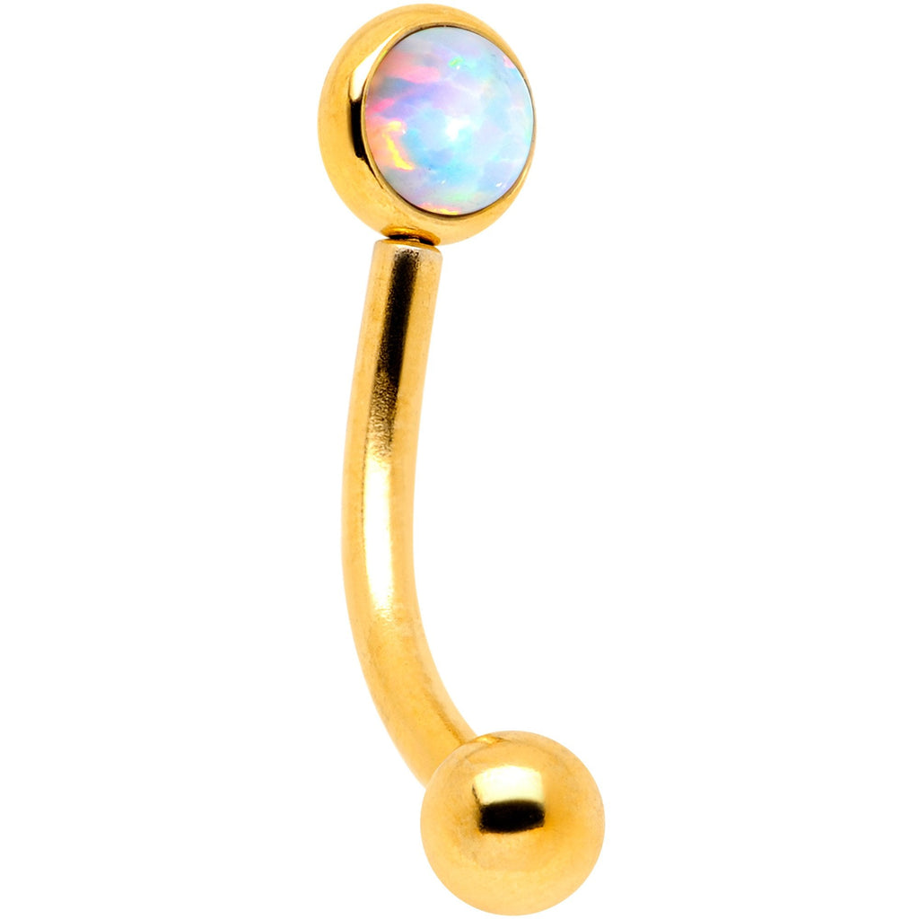 16G 5/16 White Synthetic Opal Flat Set Gold IP Curved Eyebrow Rook Piercing
