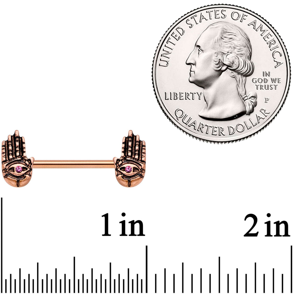 9/16 Pink Gem Rose Gold Tone Hamsa Hand Barbell Nipple Ring Set