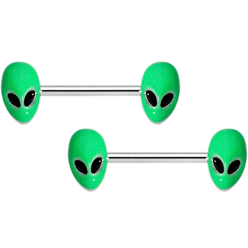 14G 9/16 Green Glow in the Dark Aliens Barbell Nipple Ring Set