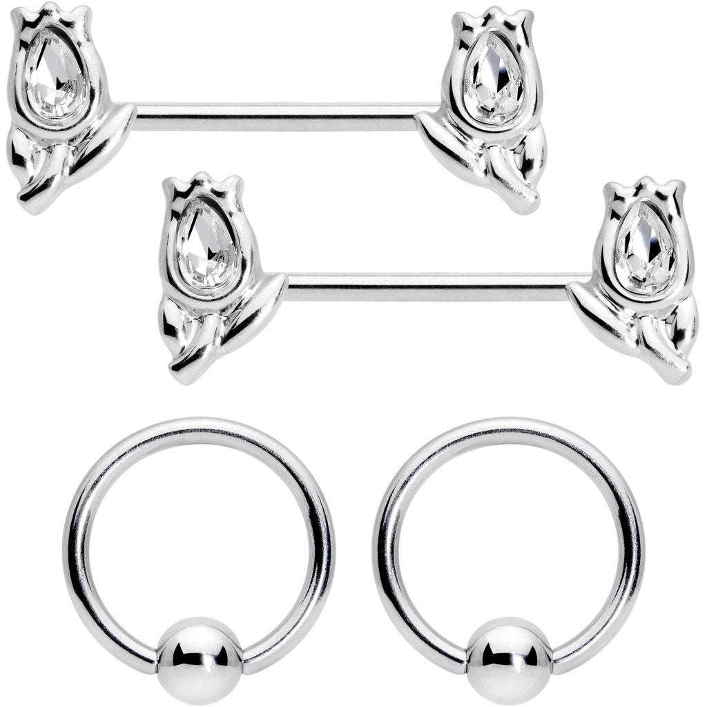 14G 7/16 1/2 Clear Gem Flowers BCR Barbell Nipple Ring Set of 4