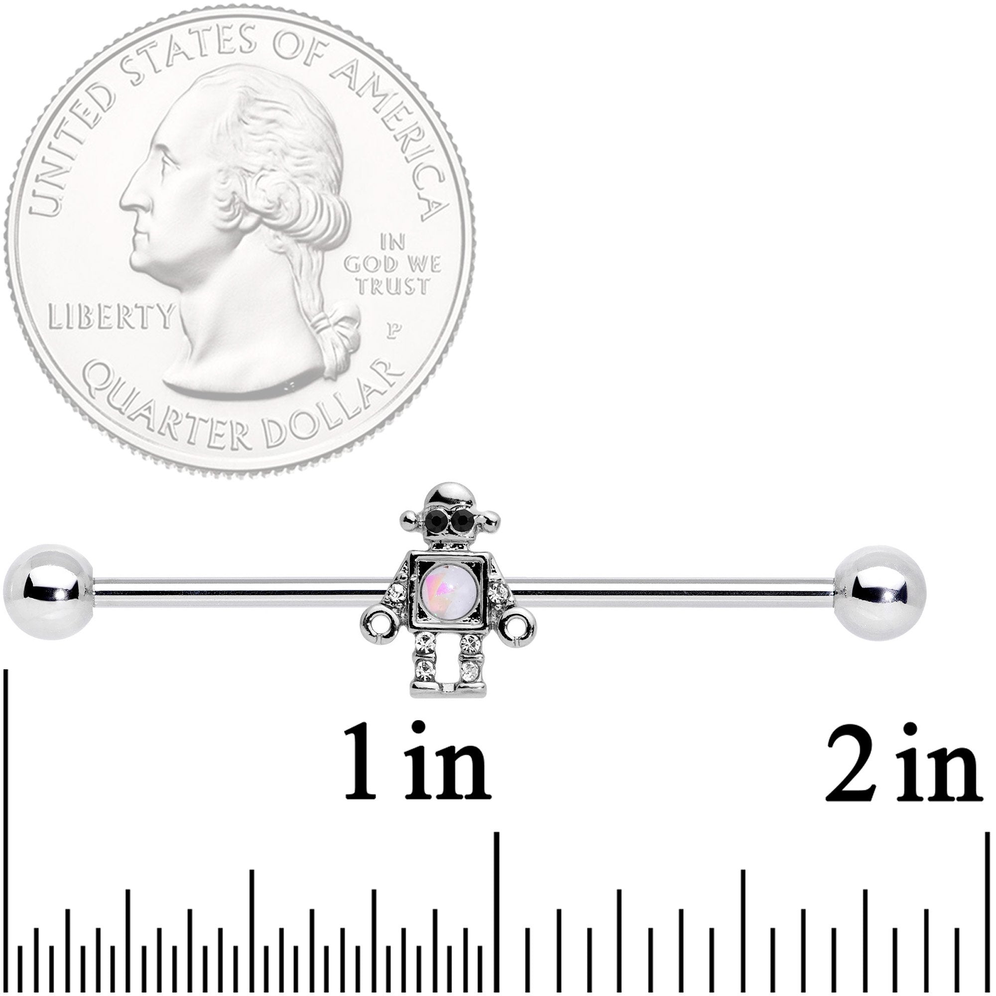14G White Faux Opal Rock Out Robot Industrial Barbell 38mm