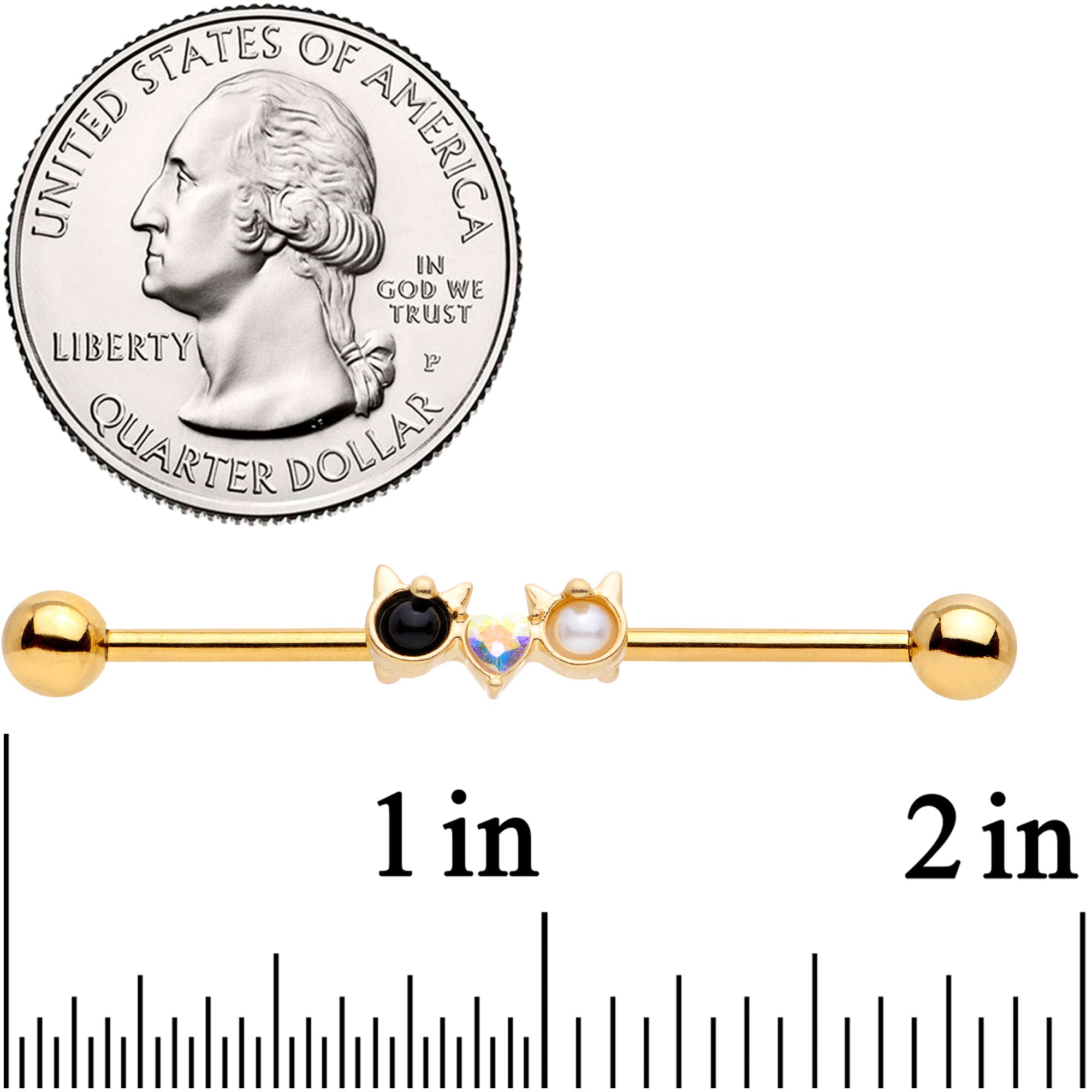 14G Black White CZ Gem Gold Tone Kitty Cat Luv Industrial Barbell 38mm