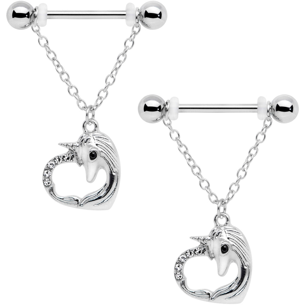 14G 5/8 Clear Gem Unicorn Heart Dangle Barbell Nipple Ring Set