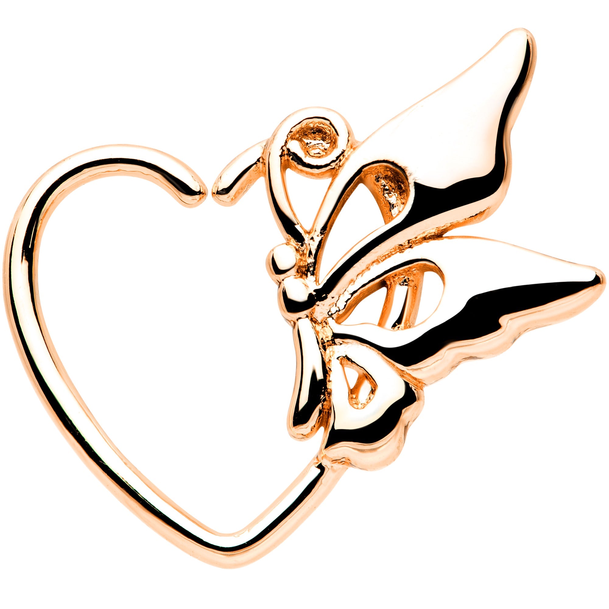 18G 3/8 Rose Gold Tone Butterfly Heart Left Ear Closure Ring