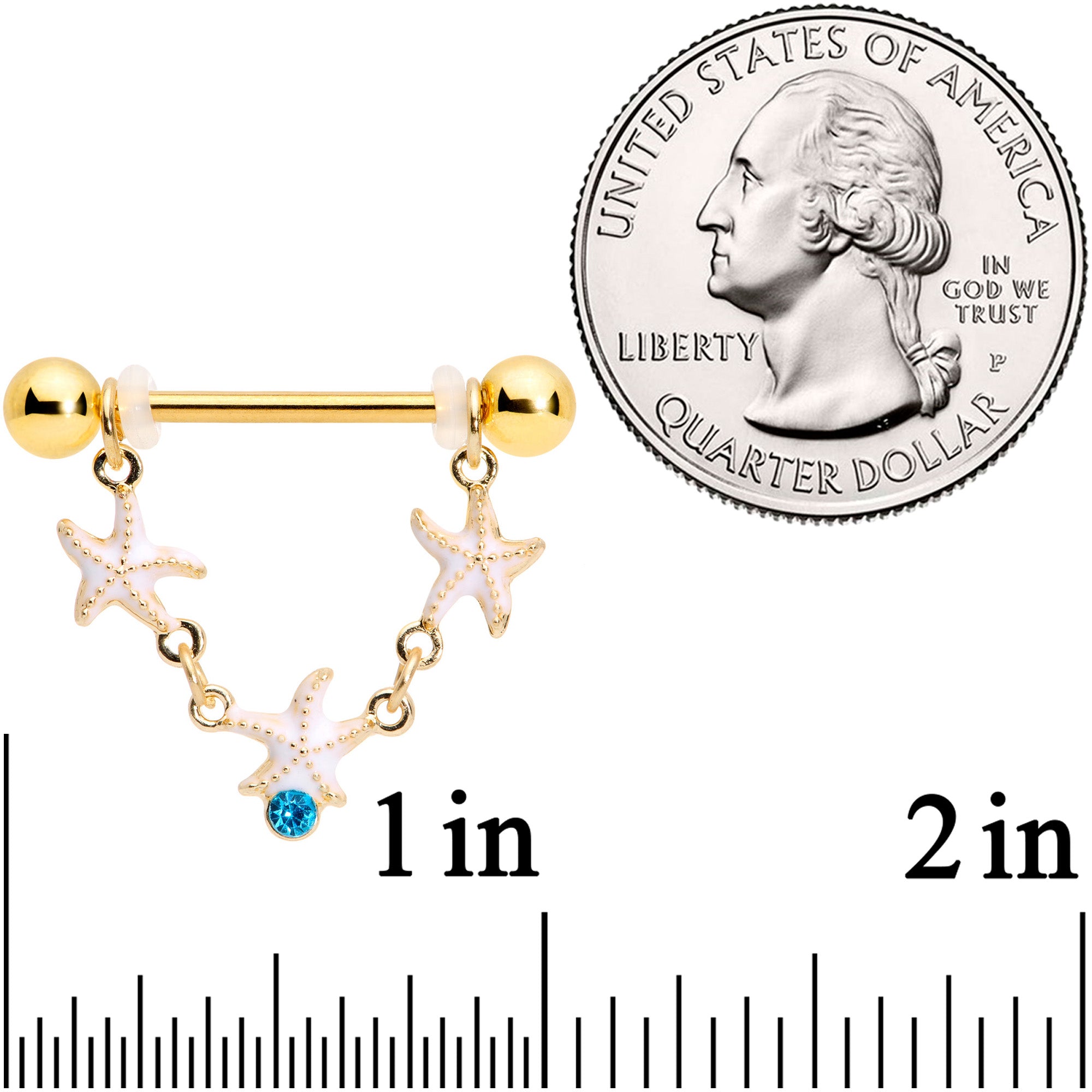 14G 9/16 Blue Gem Gold Tone Starfish Dangle Nipple Ring Set