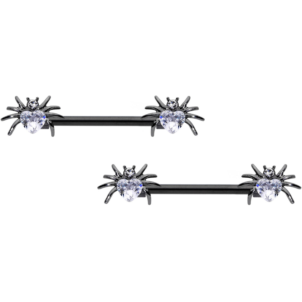 14G 5/8 Clear Gem Black Sexy Heart Spider Barbell Nipple Ring Set