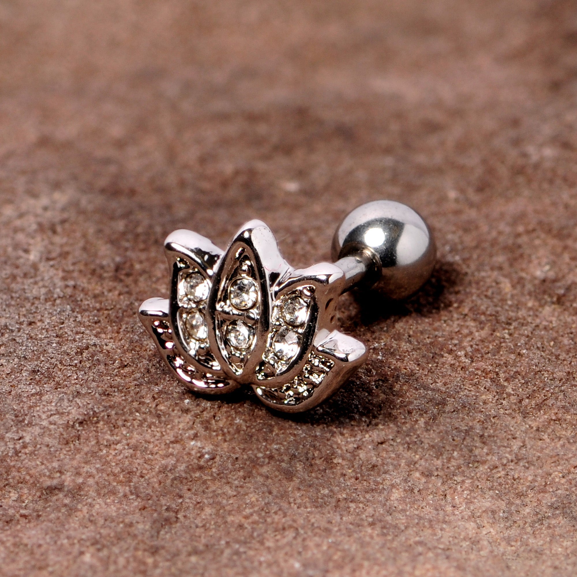 16G 1/4 Clear Gem Lotus Flower Cartilage Tragus Earring