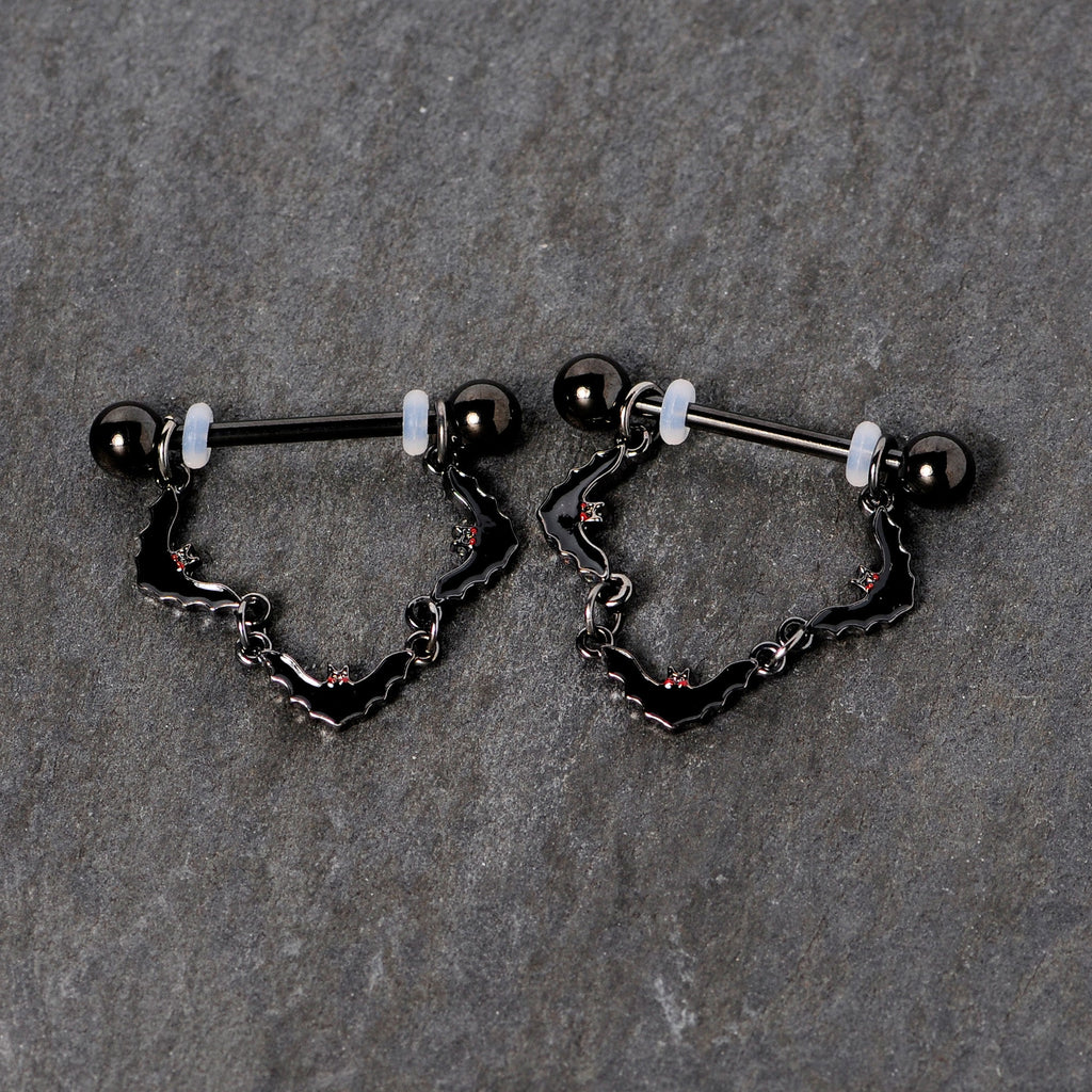 14G 9/16 Black Vampire Bat Halloween Dangle Nipple Ring Set