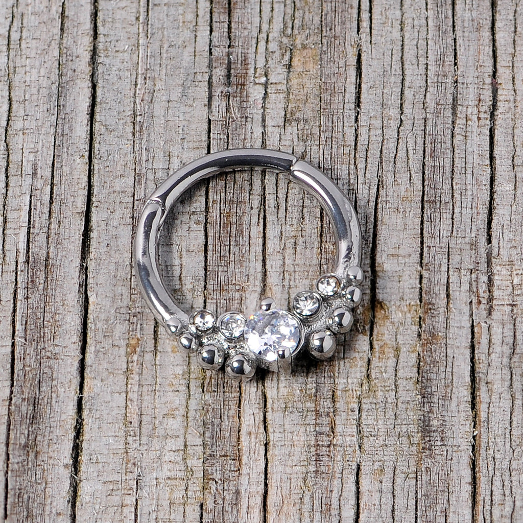 16G 3/8 Clear CZ Gem Classy Circles Hinged Segment Ring