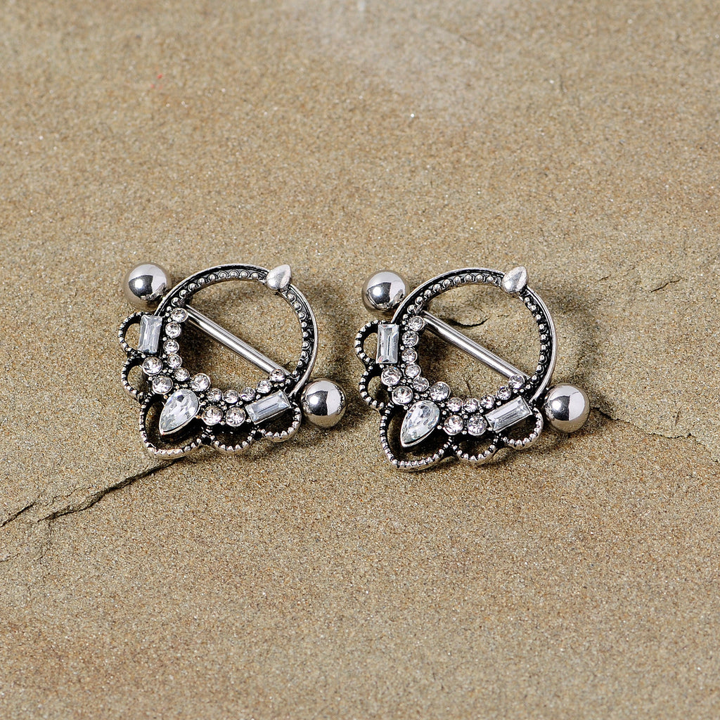 14G 5/8 Clear Gem Filigree Nipple Shield Set
