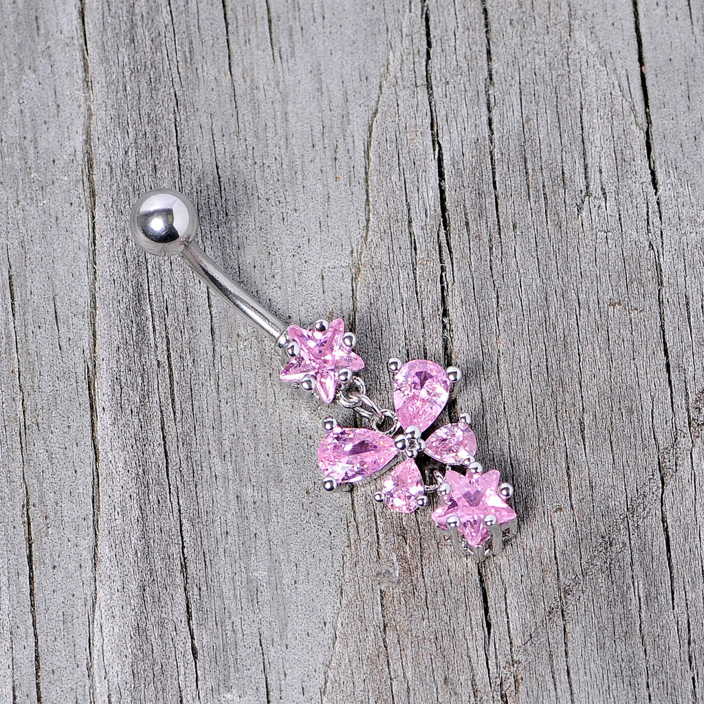 Pink Gem Star Bow Dangle Belly Ring