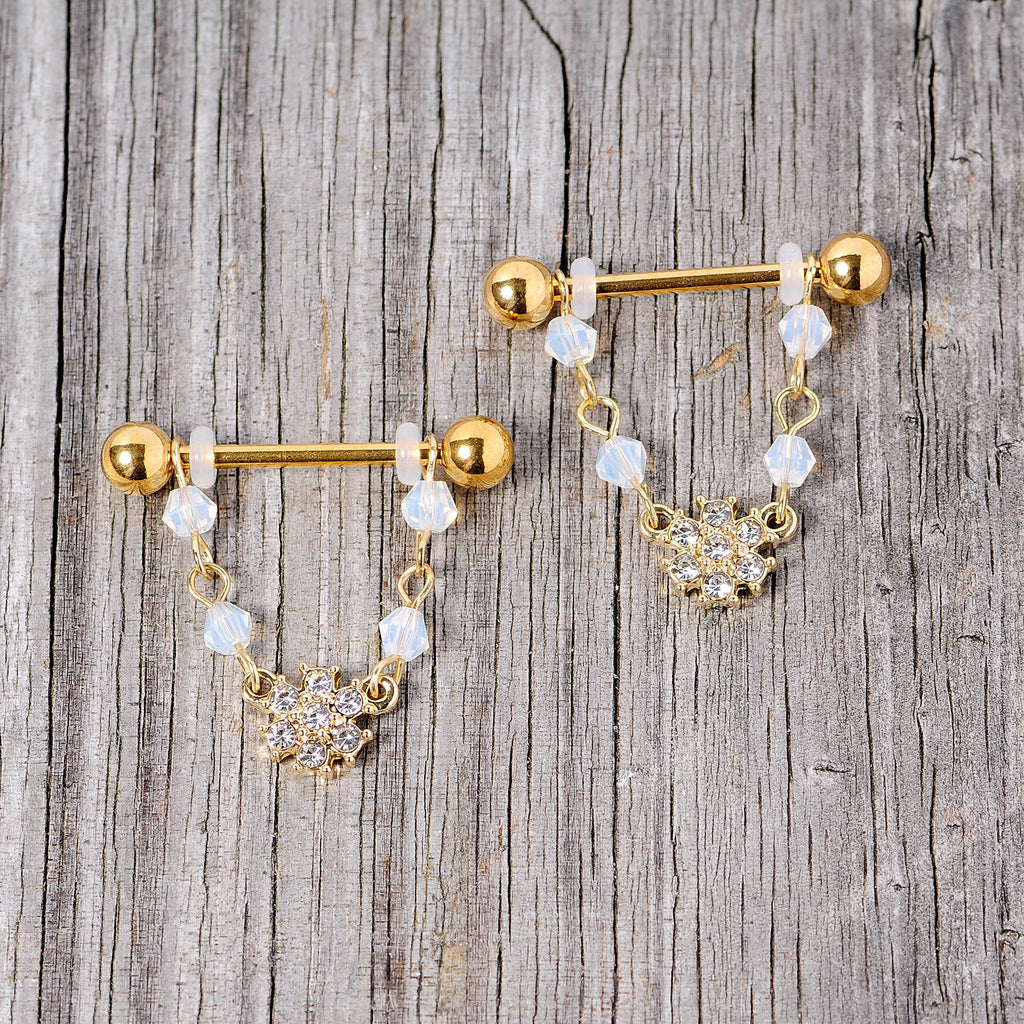 14G 5/8 Clear Gem Gold Tone Dainty Flower Dangle Nipple Ring Set