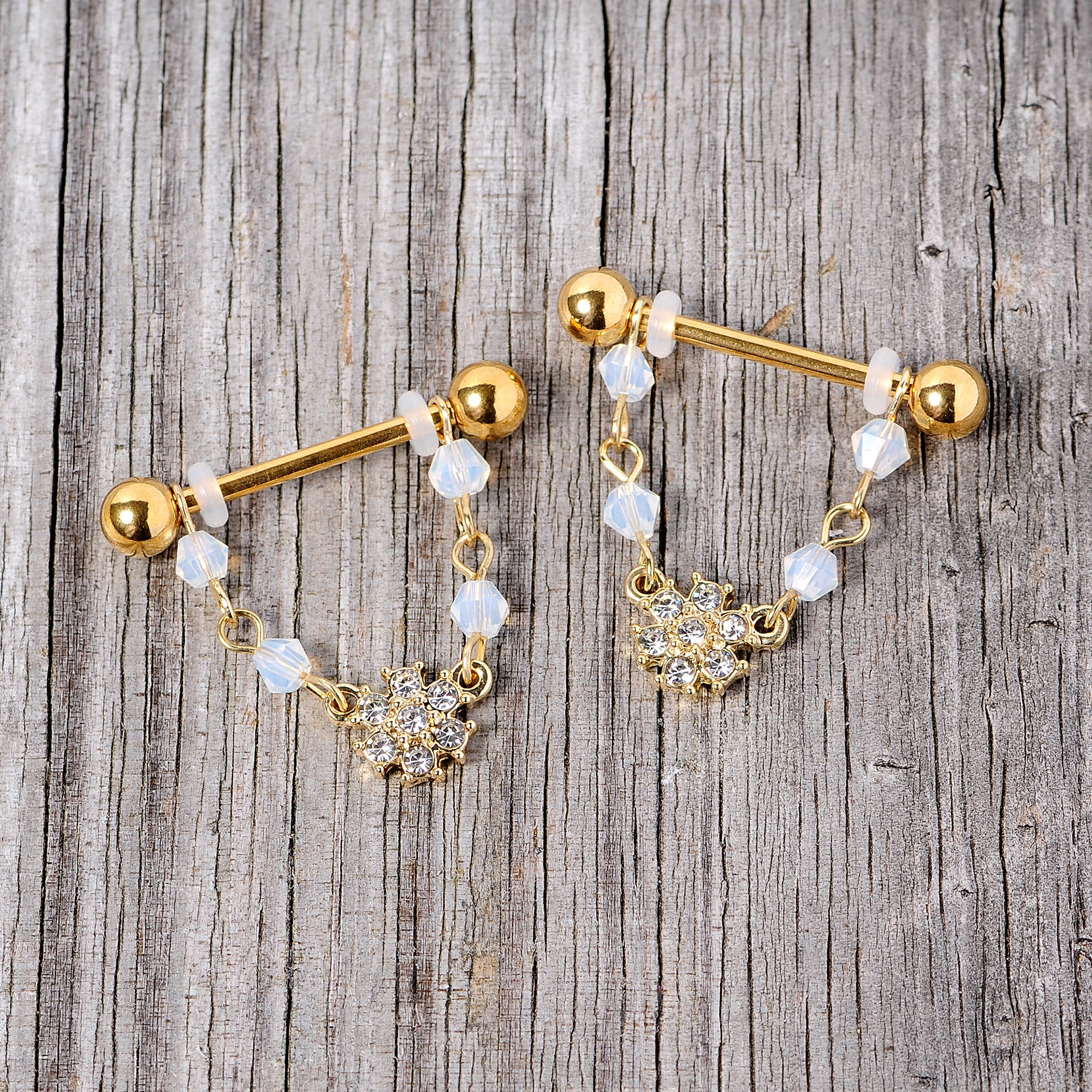 14G 5/8 Clear Gem Gold Tone Dainty Flower Dangle Nipple Ring Set