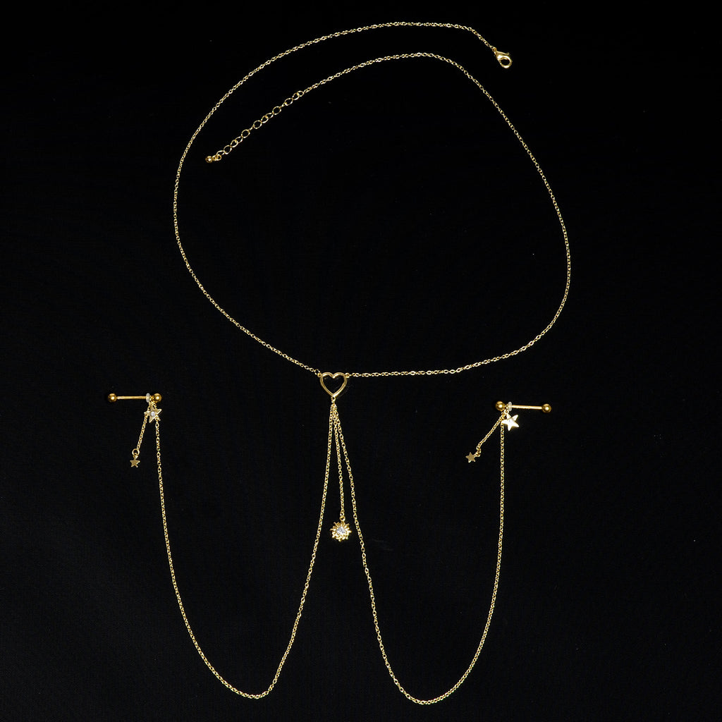 14G 5/8 Clear Gem Gold Tone Sun Heart Star Nipple Chain Necklace