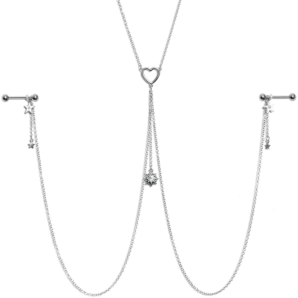 14G 5/8 Clear Gem Sun Heart Star Nipple Chain Necklace