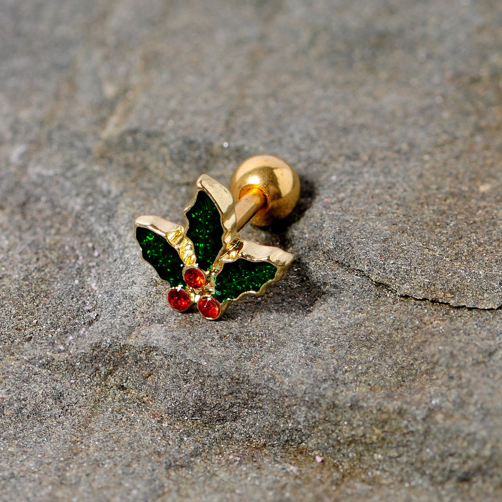 16G 1/4 Red Gem Gold Tone Mistletoe Christmas Cartilage Tragus