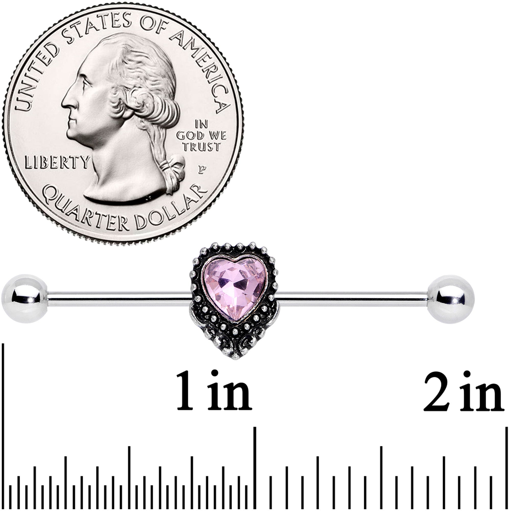 14G Pink Gem Regal Textured Heart Industrial Barbell 38mm