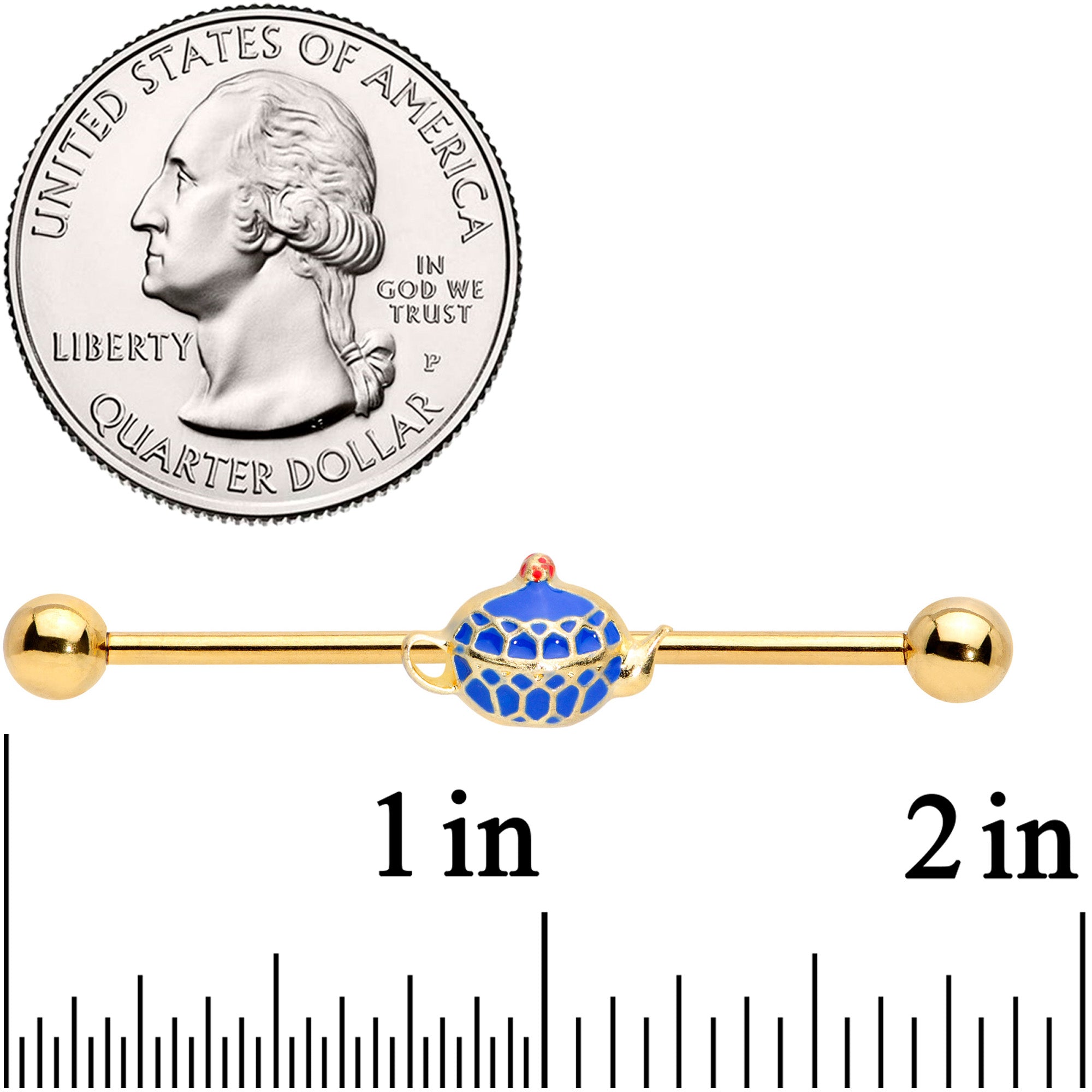 14G Gold Tone Blue Teapot Industrial Barbell 38mm