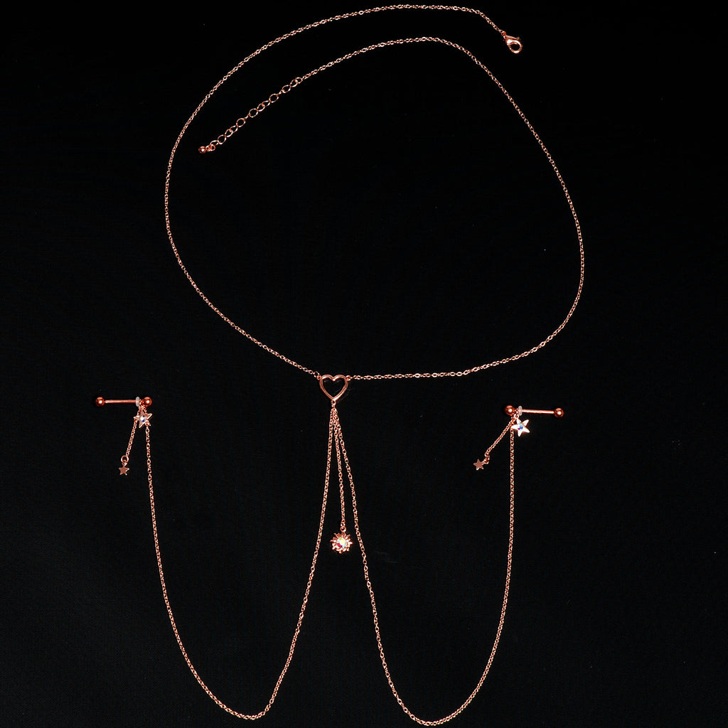 14G 5/8 Aurora Gem Rose Gold Hue Star Sun Nipple Chain Necklace