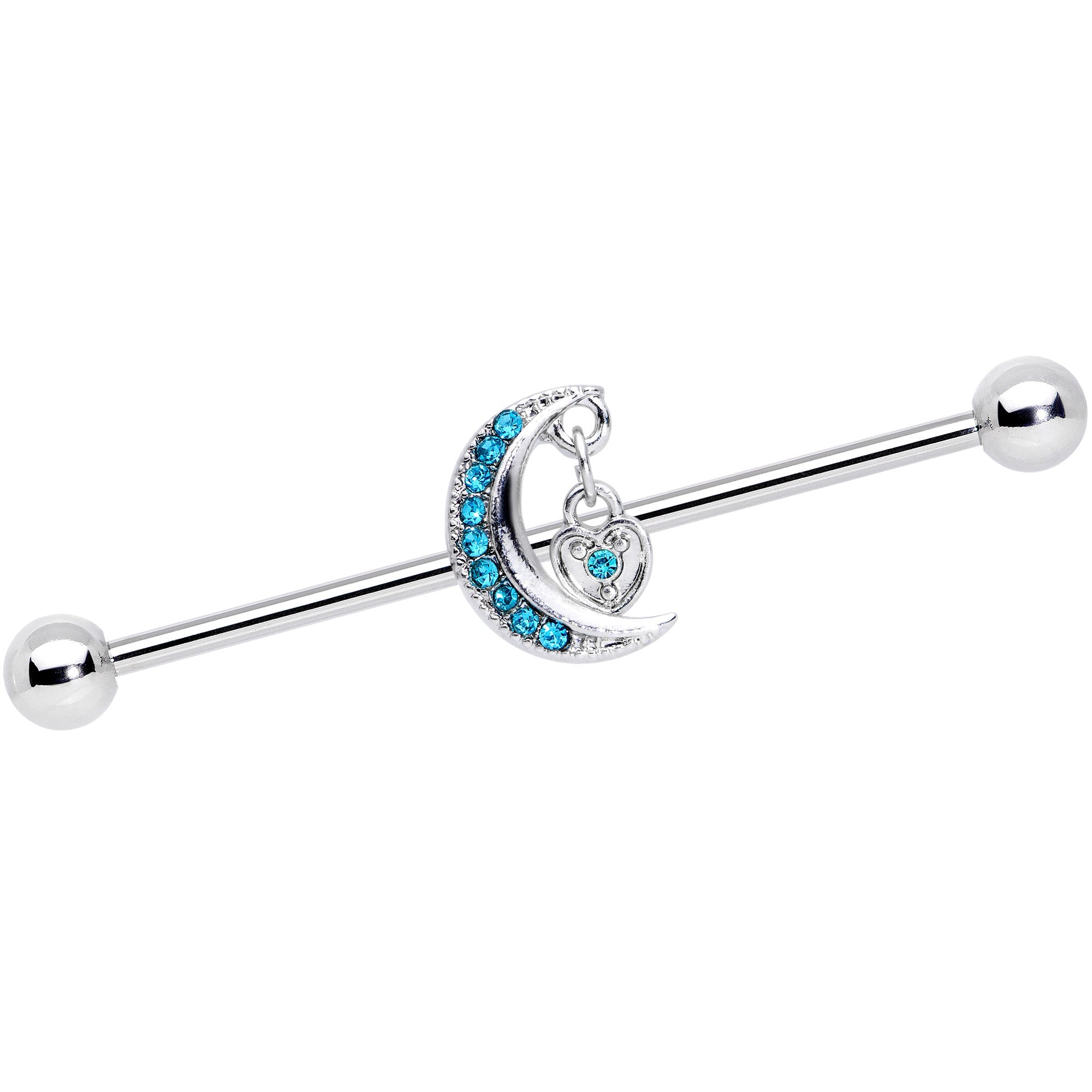 14G Aqua CZ Gem Heart Padlock Moon Dangle Industrial Barbell 38mm