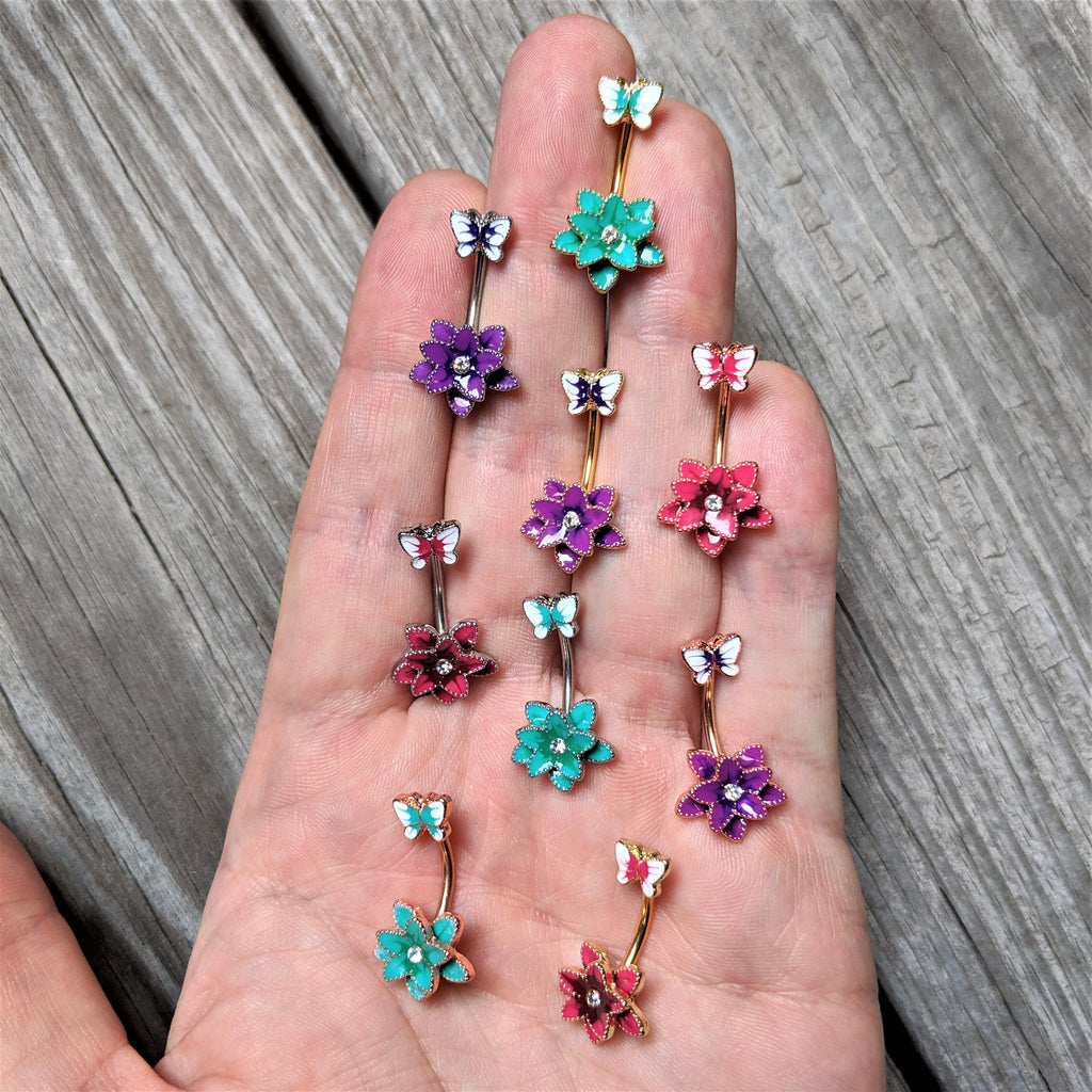 Clear Gem Pink Flower Butterfly Double Mount Belly Ring