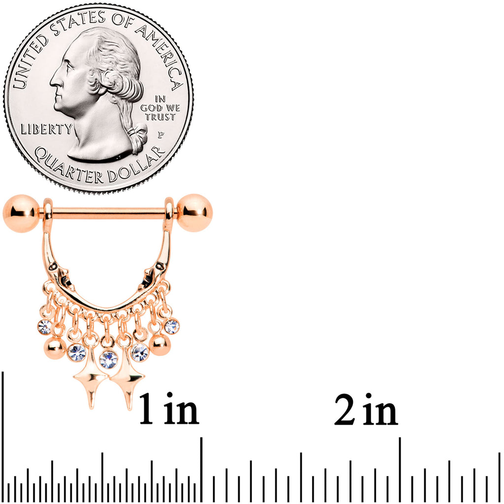 14G 5/8 Clear Gem Rose Gold Tone Moons Dangle Nipple Ring Set