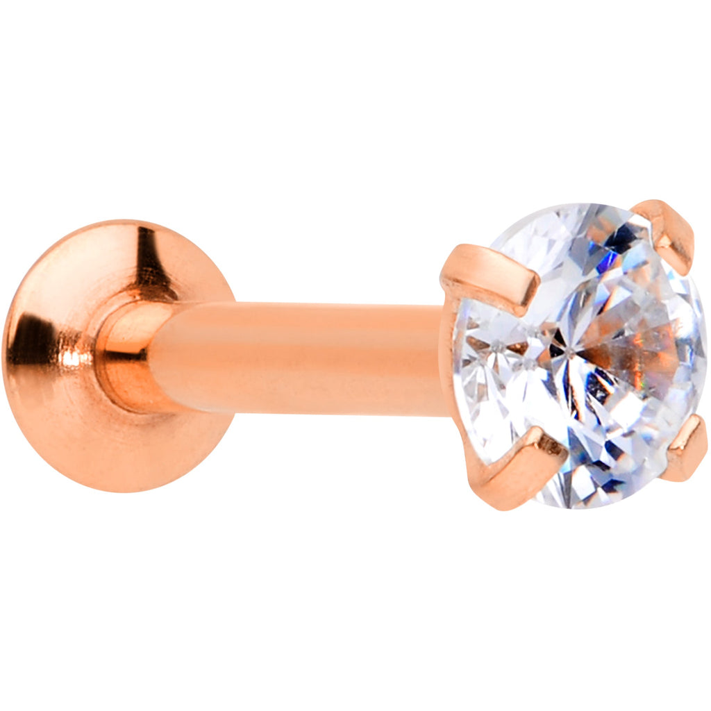 16G 1/4 CZ Gem Rose Gold PVD 3mm Threadless Push In Labret Tragus