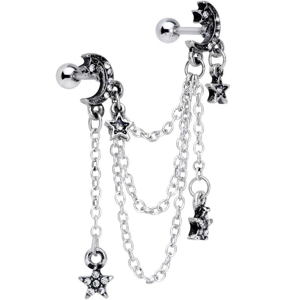 16G 1/4 Clear Gem Moon Star Triple Dangle Cartilage Chain Earring