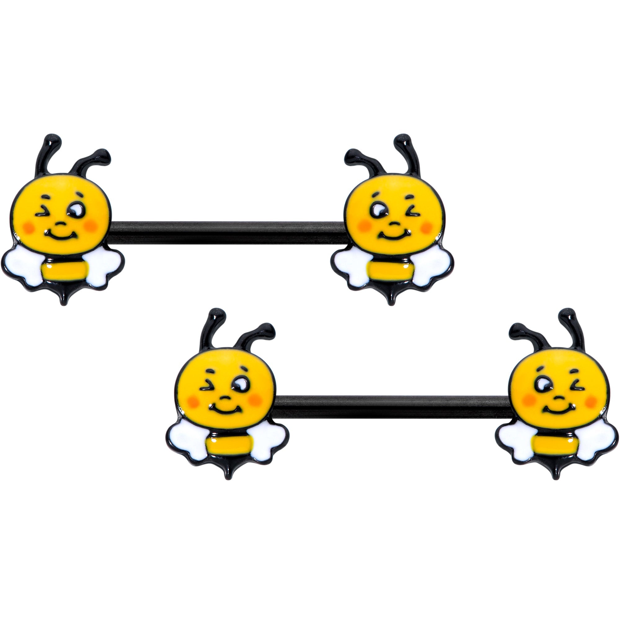 14G 9/16 Black Yellow Winking Bee Barbell Nipple Ring Set