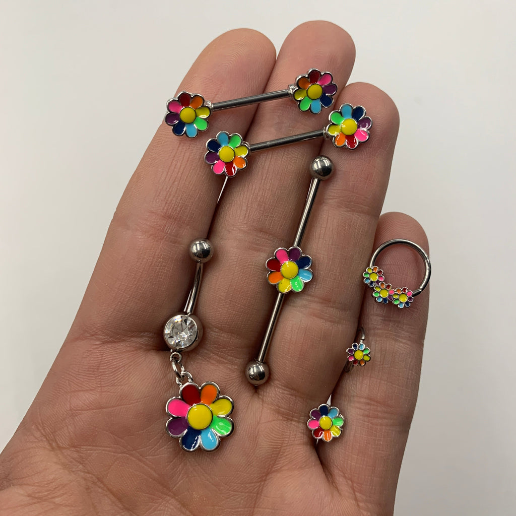 14G Rainbow Hippie Flower Industrial Barbell 38mm