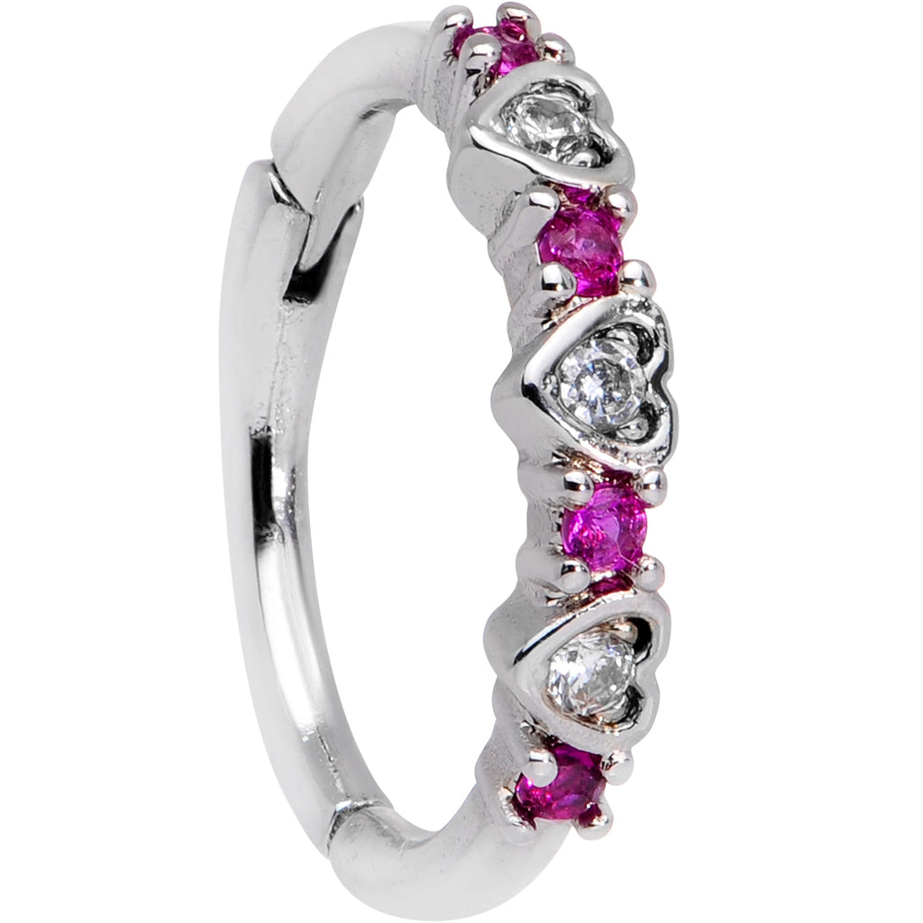 16G 3/8 Clear Pink CZ Gem Hearts Hinged Segment Ring