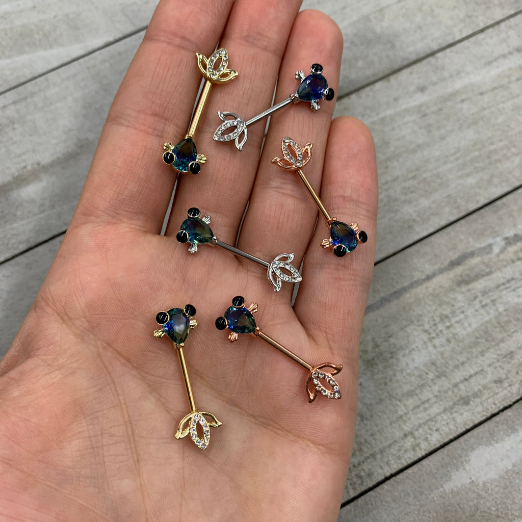 14G 9/16 Aqua Gem Gold Tone Fish Barbell Nipple Ring Set