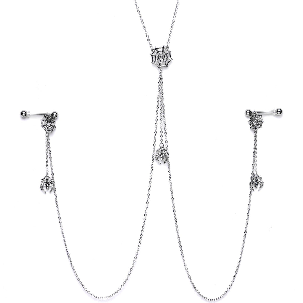 14G 9/16 Creepy Crawly Spider Web Halloween Nipple Chain Necklace