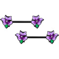 14G 9/16 Clear Gem Black Purple Iris Flower Nipple Ring Set