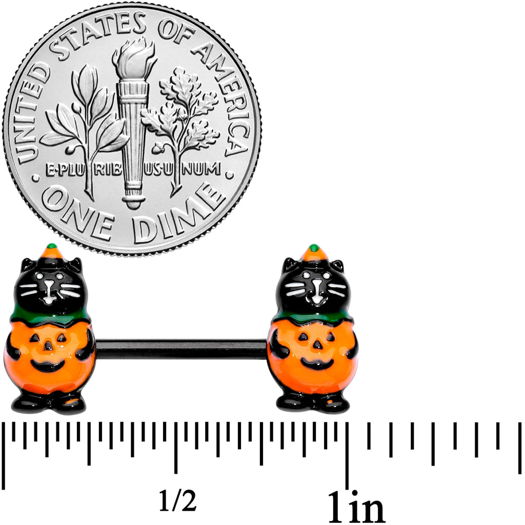 14G 9/16 Black Cat Pumpkin Halloween Barbell Nipple Ring Set