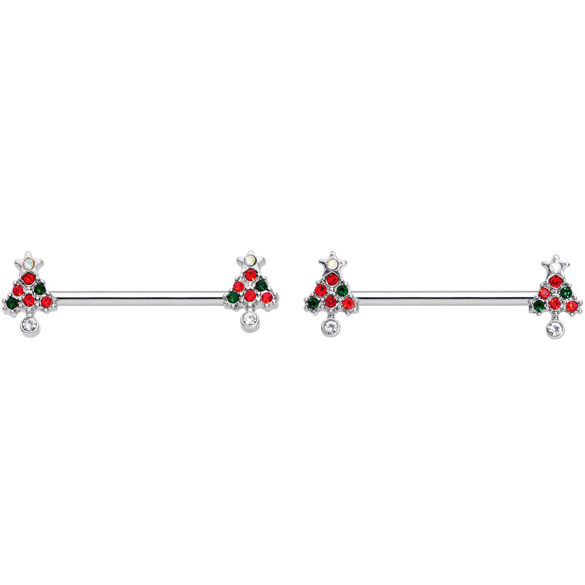 14G 11/16 Clear Red Green Gem Christmas Tree Nipple Ring Set