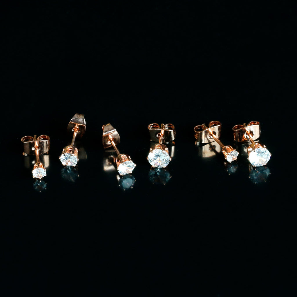20G Clear CZ Gem Rose Gold Tone Post Stud Earring Set of 3