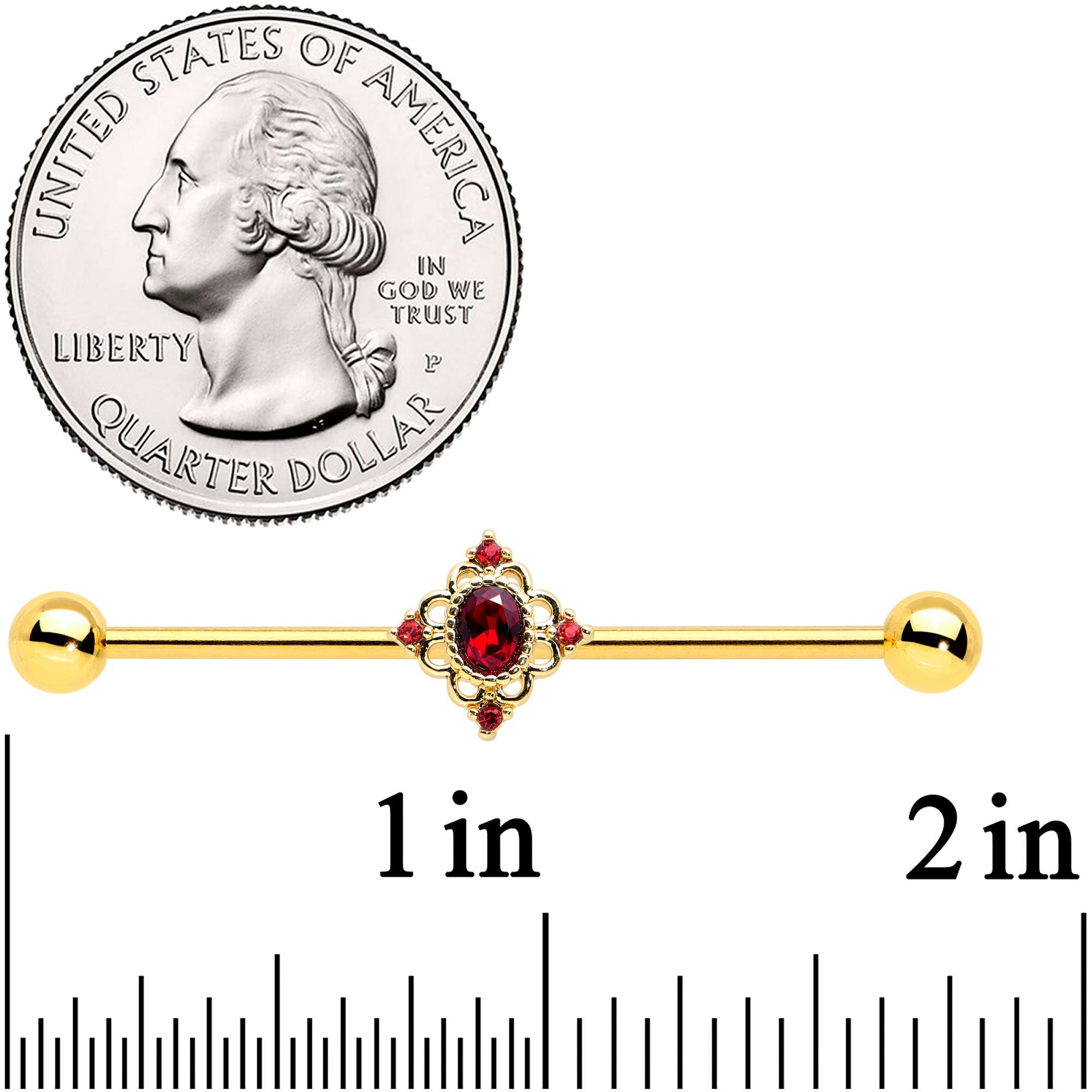 14G Red Gem Gold Tone Rich Regal Rhombus Industrial Barbell 38mm