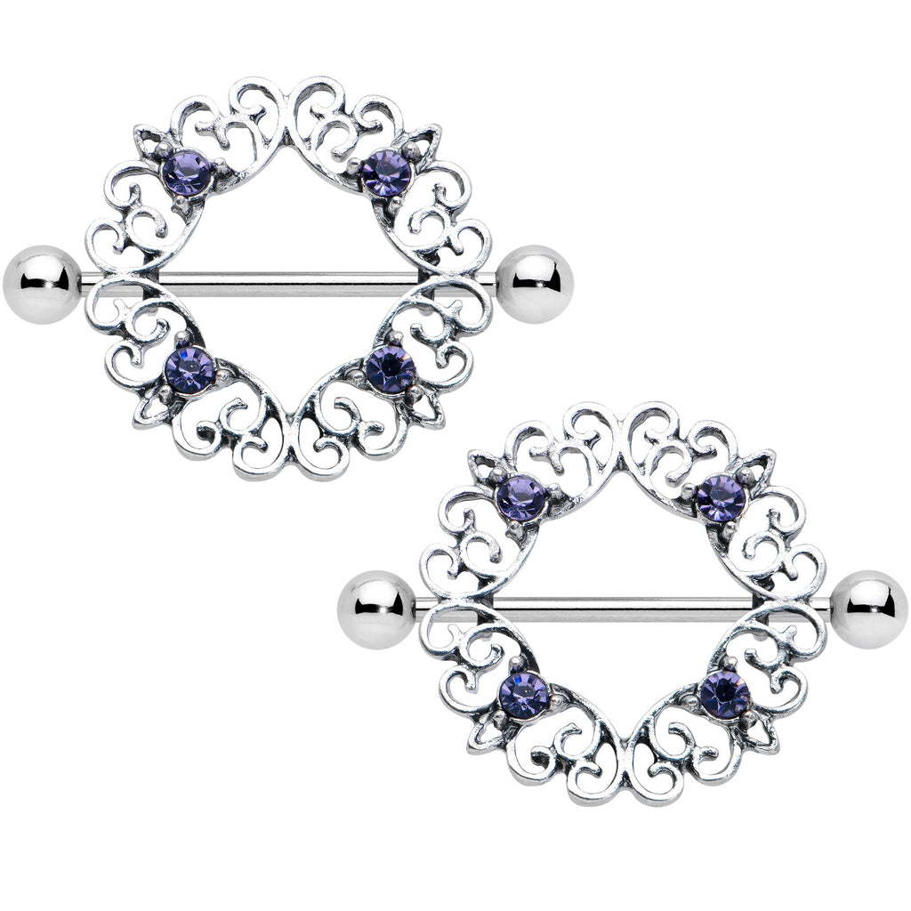 14G 9/16 Purple Gem Filigree Valentines Day Nipple Shield Set