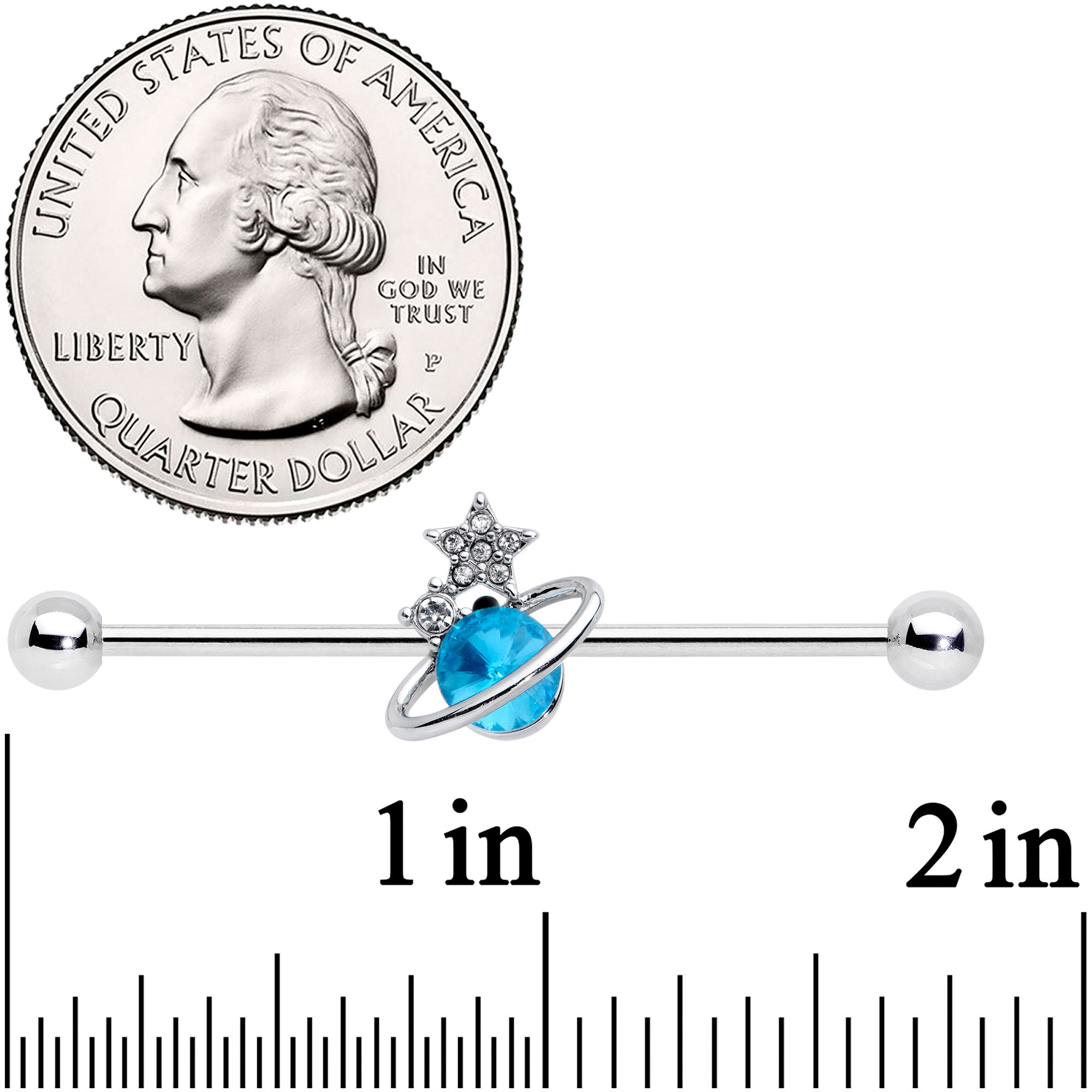 14G Clear Blue Gem Star Saturn Planet Industrial Barbell 38mm