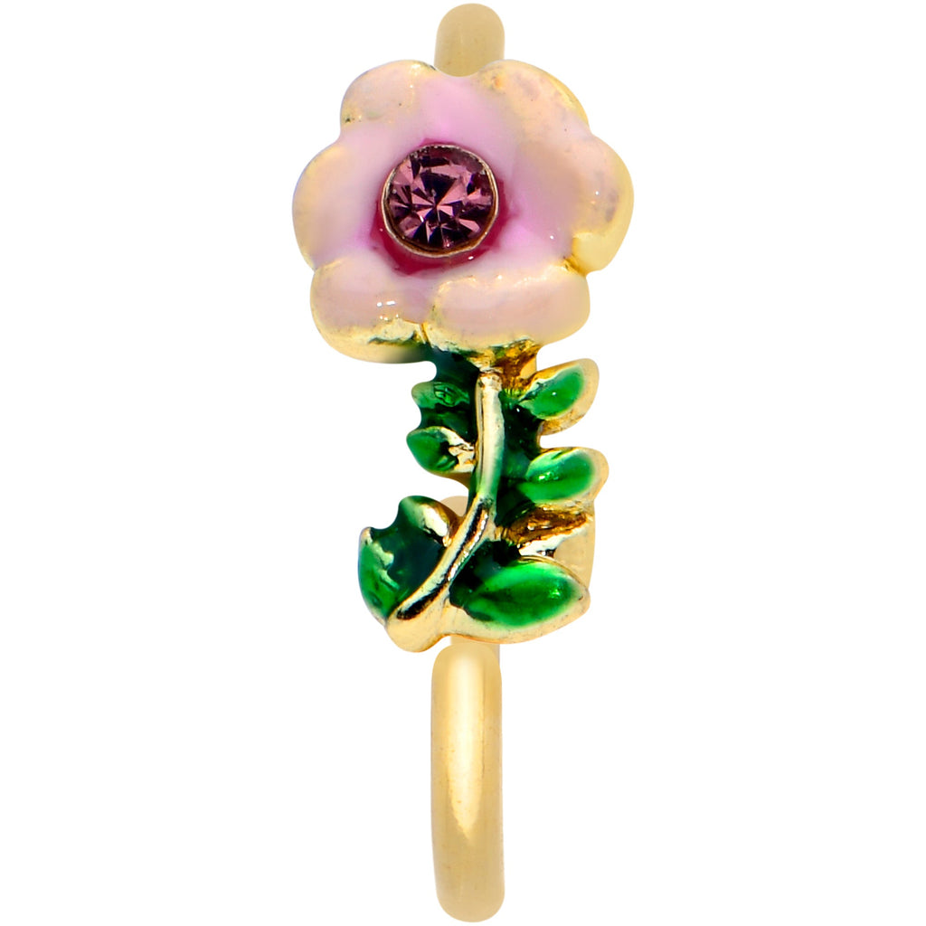 20G 5/16 Purple CZ Gem Gold Tone Pink Flower Nose Hoop