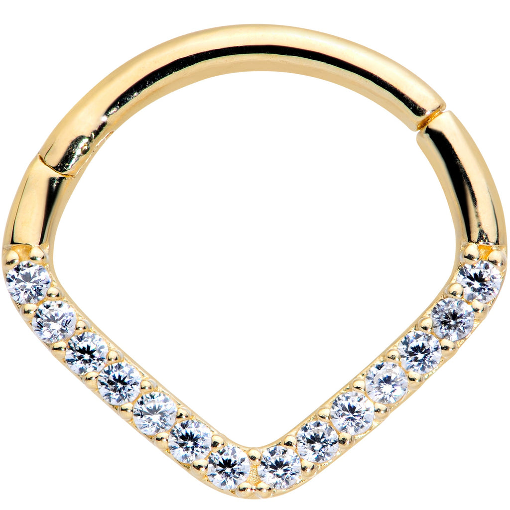16G 3/8 14k Gold Clear CZ Gem Chevron Hinged Segment Ring