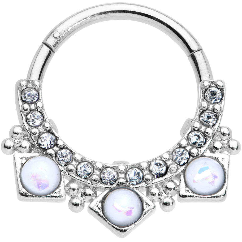 16G 3/8 White Faux Opal Squares Hinged Segment Ring