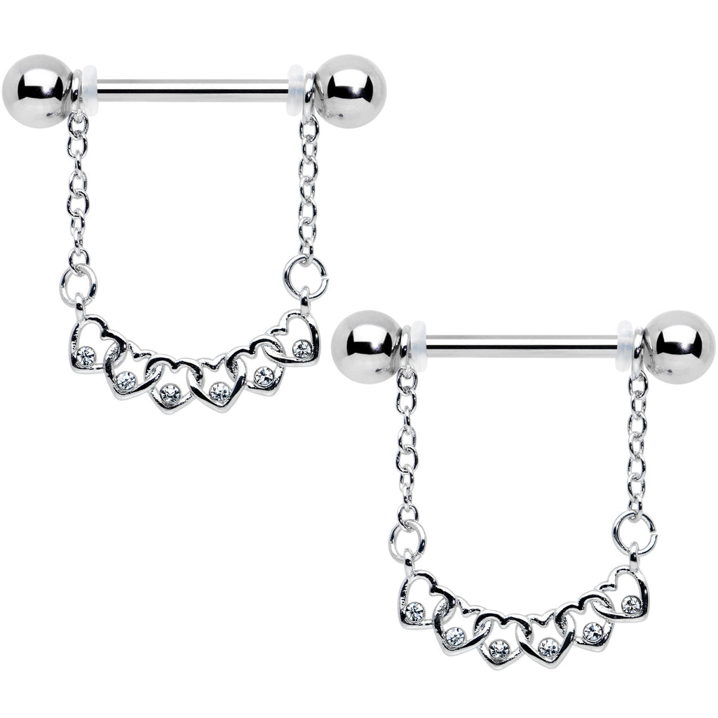 14G 9/16 Clear Gem Link Heart Valentine Dangle Nipple Ring Set