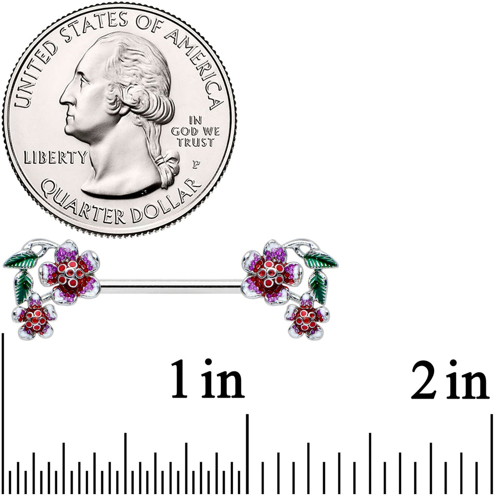 14G 9/16 Purple Red Flower in Flower Barbell Nipple Ring Set
