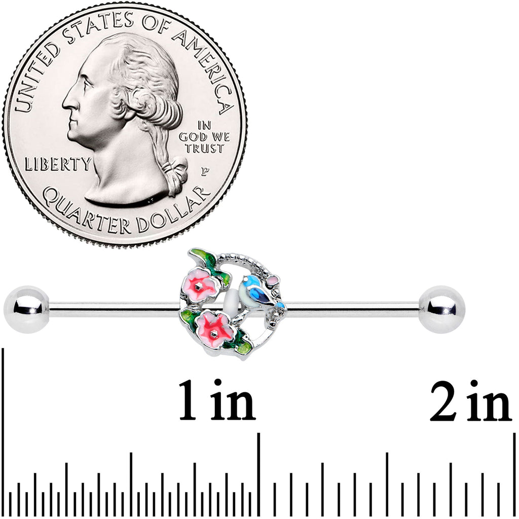 14G Little Blue Bird Pink Flowers Industrial Barbell 38mm