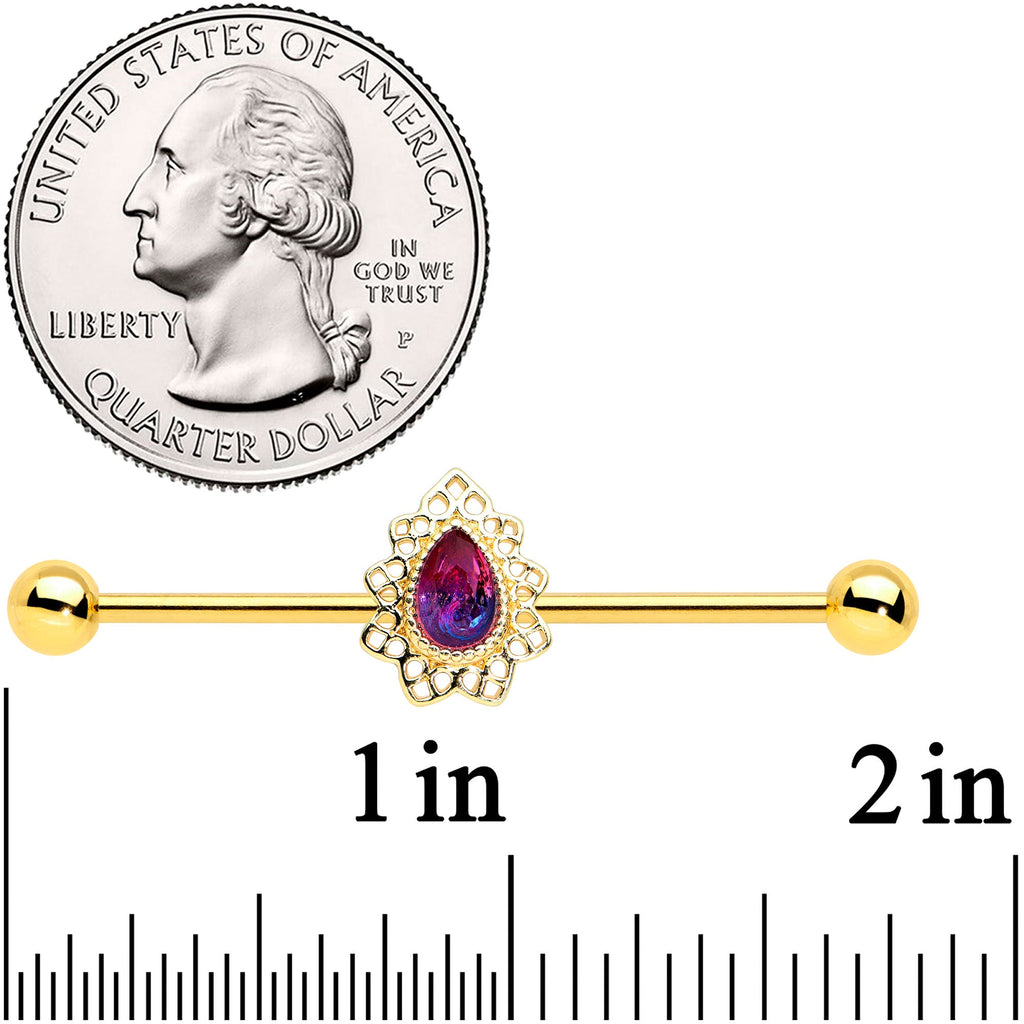 14G Purple Tourmaline Gold Tone Drop Industrial Barbell 38mm
