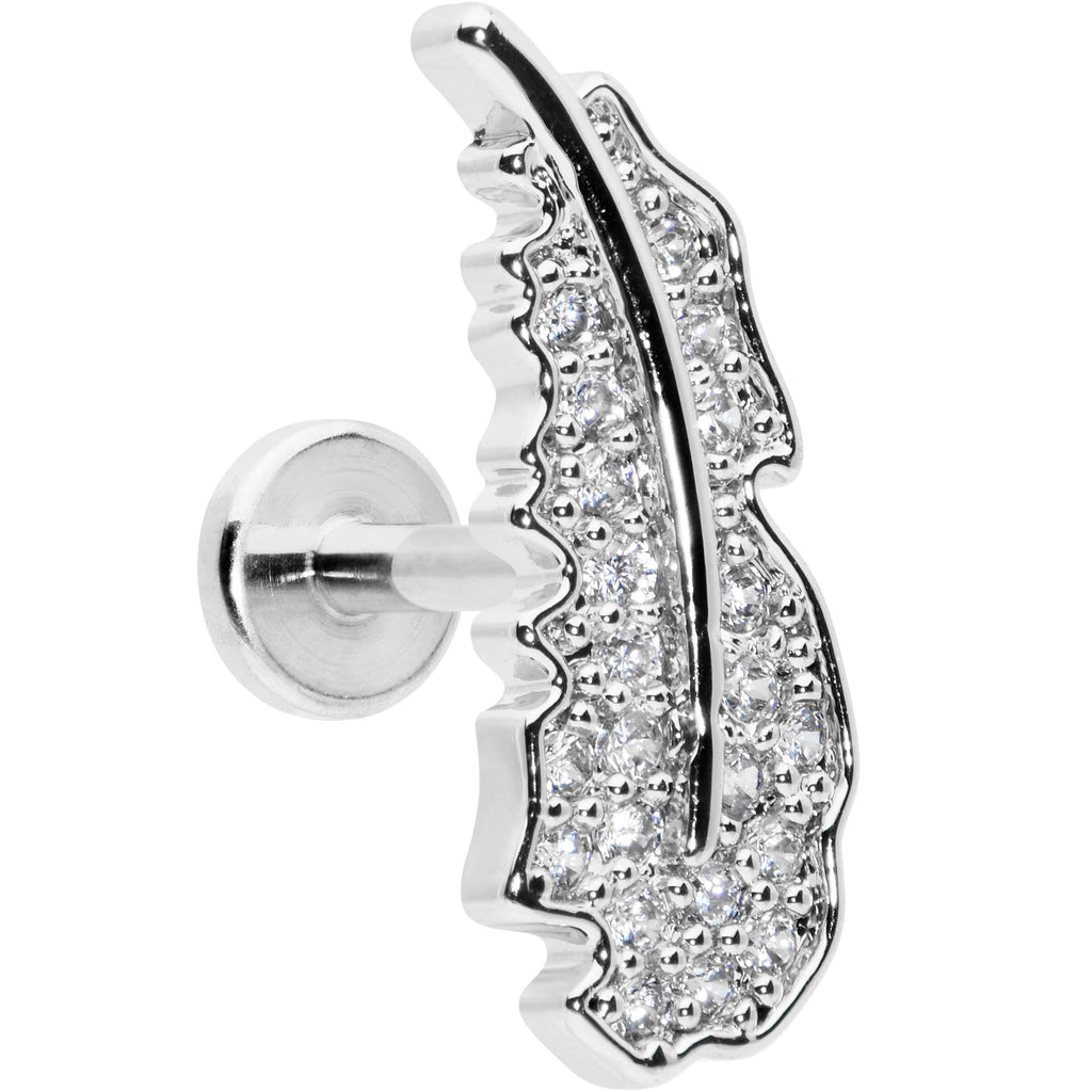 16G 1/4 Clear CZ Gem Feather Internally Threaded Labret Tragus