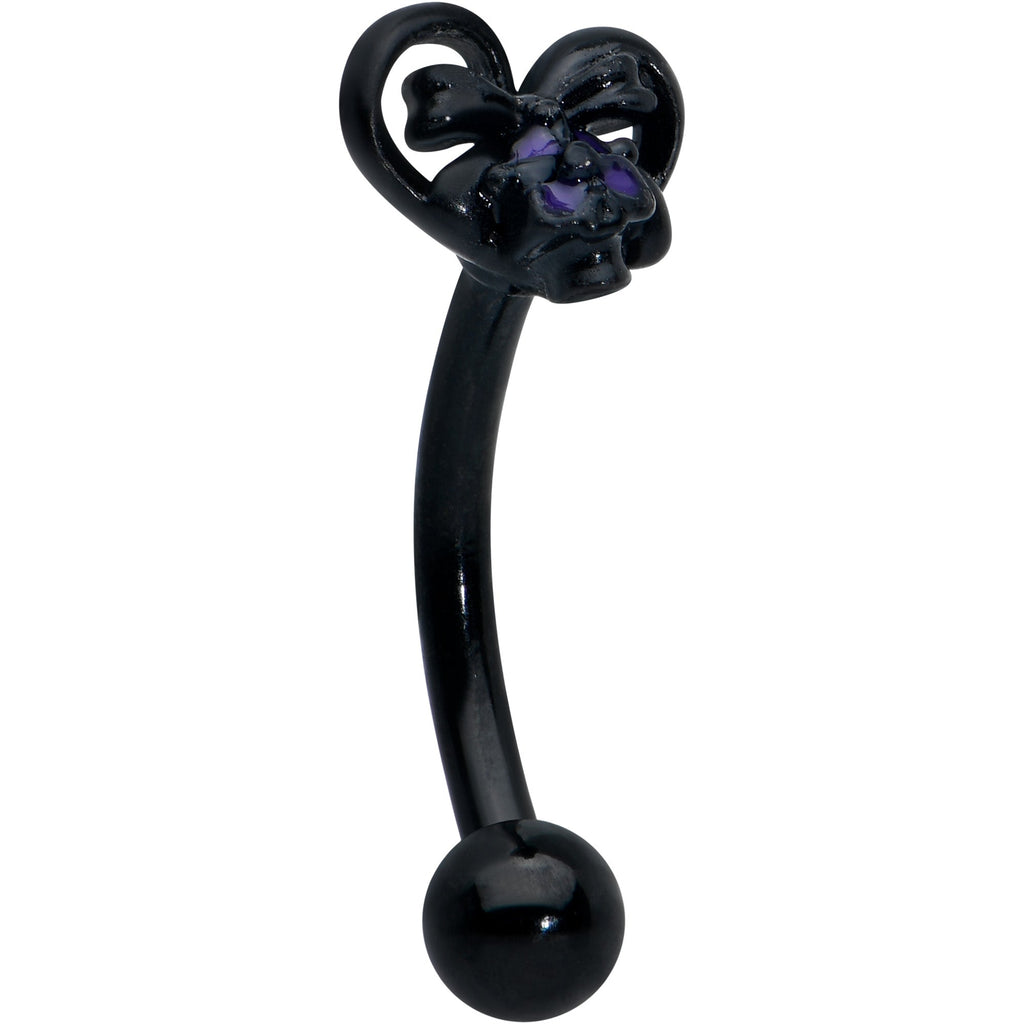 16G 5/16 Black Heart Purple Skull Bow Curved Eyebrow Ring